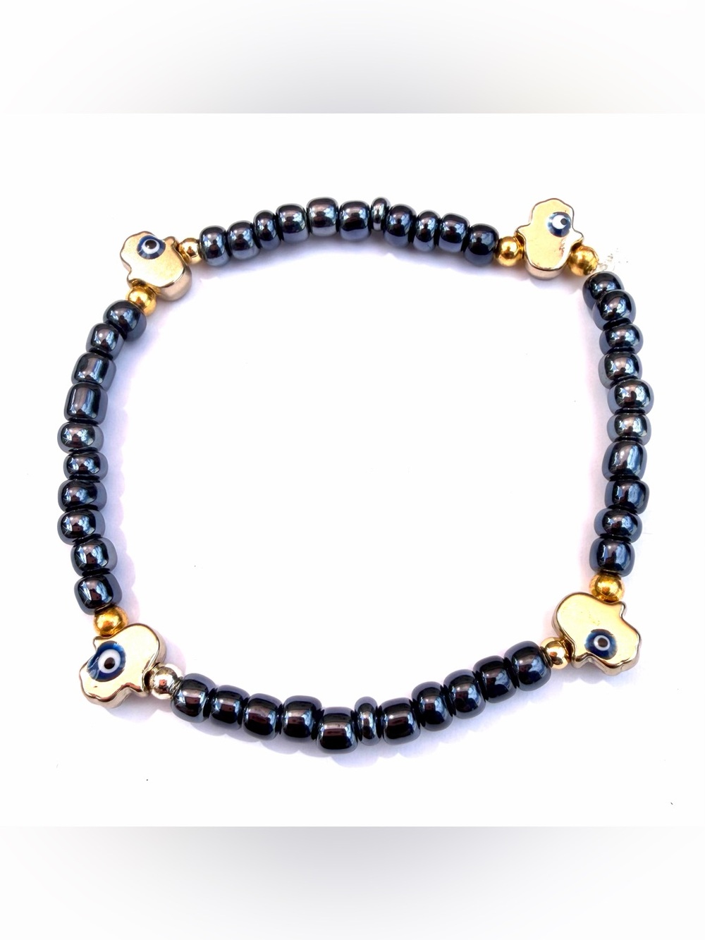 Gold Hamsa Evil Eye Good Luck Charm Gray Seed Beaded Bracelet